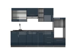 4066731414826 - Küchenzeile Fame-Line Anthrazit Dunkelblau Hochglanz 280 cm mit Arbeitsplatte Weiß-Marmor