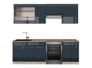 4066731415137 - Küchenzeile Fame-Line Dunkelblau Hochglanz Goldkraft Eiche 240 cm ohne Arbeitsplatte Vicco