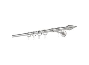 4066866142472 - Gardinenstange auf Maß 20mm Kegel 1-lauf Vorhangstange Wandträger Deckenträger 14cm Stilgarnitur mit Ringen für Vorhänge - Edelstahl-Optik - 100cm