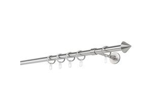 4066866143837 - Gardinenstange auf Maß 20mm Spitze 1-lauf Vorhangstange Wandträger Deckenträger 14cm Stilgarnitur mit Ringen für Vorhänge - Edelstahl-Optik - 220cm