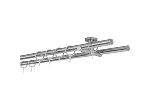 4066866155120 - Gardinenstange auf Maß 20mm Match 2-lauf Vorhangstange Deckenträger 55cm Stilgarnitur mit Ringen für Vorhänge - Edelstahl-Optik - 350cm