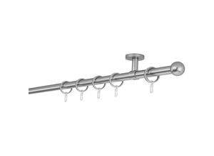 4066866158602 - Gardinenstange auf Maß 20mm Ball 1-lauf Vorhangstange Deckenträger 4cm Stilgarnitur mit Ringen für Vorhänge - Edelstahl-Optik - 110cm