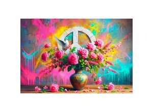 4067437111804 - Acrylglasbild QUEENCE Blumen Farben und Frieden Bilder Gr B H T 90 cm x 60 cm x 04 cm Peace-Zeichen-Fantasy-Vögel-Vasen-Vasen & Töpfe-Vogelbilder Querformat 1 St knallige bunte farben KI Kunst Farben künstliche Intelligenz bunt