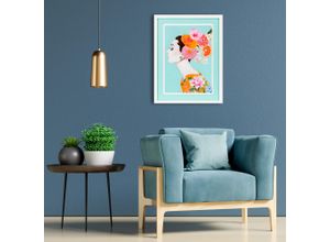 4067437113105 - Bild mit Rahmen QUEENCE Frau Profil Blumen blau (weiß) Bilder B H T 40cm x 50cm x 2cm Hochkant Bilder von Frauen-Blumen-Blumenbilder-Frau Hochformat Acrylglas Holz Poster mit buntem Acrylglas Passepartout B40cm H50cm T2cm