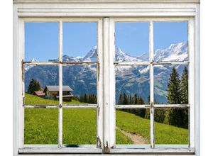 4067437114249 - Wandsticker QUEENCE Hütte in den Bergen grün B90cm Wandtattoos Wandsticker Wandbild selbstklebend 3D Fenster