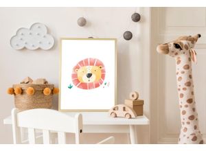 4067437120417 - Bild mit Rahmen QUEENCE Löwengesicht rot (farbe rahmen natur braun beige farbe bild(er) rot) B50cm H70cm T15cm Plexiglas Holz Bilder HD Premium Posterdruck mit Echtholzrahmen