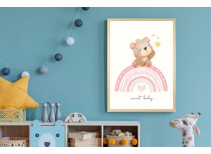 4067437120585 - Bild mit Rahmen QUEENCE Bär auf buntem Regenbogen rot (farbe rahmen natur braun beige farbe bild(er) rot) B40cm H50cm T15cm Plexiglas Holz Bilder HD Premium Posterdruck mit Echtholzrahmen