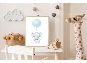 4067437120684 - Bild mit Rahmen QUEENCE Fliegender Elefant mit Ballon blau (farbe rahmen natur braun beige farbe bild(er) blau) B50cm H70cm T15cm Plexiglas Holz Bilder HD Premium Posterdruck mit Echtholzrahmen