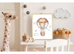 4067437120981 - Bild mit Rahmen QUEENCE Elefant im Heißluftballon braun (farbe rahmen natur braun beige farbe bild(er) braun) B50cm H70cm T15cm Plexiglas Holz Bilder HD Premium Posterdruck mit Echtholzrahmen