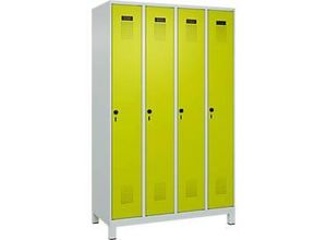 4067521942598 - Kleiderspind Evolo Plus 4 Abteile 300 mm Abteilbreite mit Füßen Anschlag rechts Drehriegel B 1200 x T 500 x H 1950 mm lichtgrau clowngrün