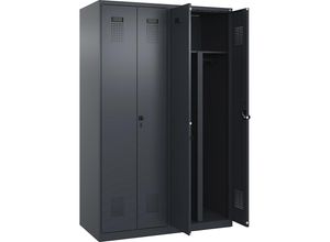 4067521943618 - Schwarz-Weiß-Spind Evolo PLUS 2 Abteile Trennwand verkürzt grau B 1200 mm mit Bodengleitern Sicherheits-Drehriegel kaiserkraft