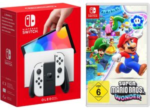 4067602625174 - NINTENDO SWITCH Konsolen-Set OLED + Super Mario Bros Wonder Spielekonsolen schwarz-weiß (weiß schwarz) Switch