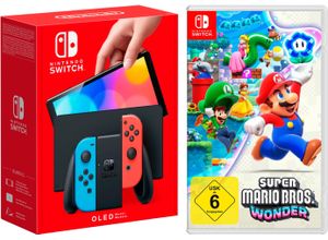 4067602625181 - NINTENDO SWITCH Konsolen-Set OLED + Super Mario Bros Wonder Spielekonsolen bunt (neonrot neonblau) Switch