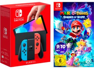 4067602625211 - NINTENDO SWITCH Konsolen-Set OLED + Mario Rabbids Sparks of Hope Spielekonsolen bunt (neonrot neonblau) Switch