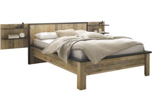 4067602876538 - Bettanlage HOME AFFAIRE SHERWOOD Schlafzimmermöbel-Sets Gr B H T 280 cm x 93 cm x 213 cm B H 140 cm x 200 cm braun (old style hell dekor) Home Affaire Liegefläche Bett 140x200cm Wandpaneel mit jeweils 2 Ablageflächen