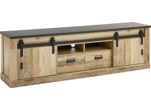 4067602882355 - Lowboard HOME AFFAIRE SHERWOOD Sideboards Gr B H T 201 cm x 61 cm x 43 cm 2 braun (old style hell dekor) Lowboards modernes Holz Dekor mit Scheunentorbeschlag aus Metall Breite 201 cm