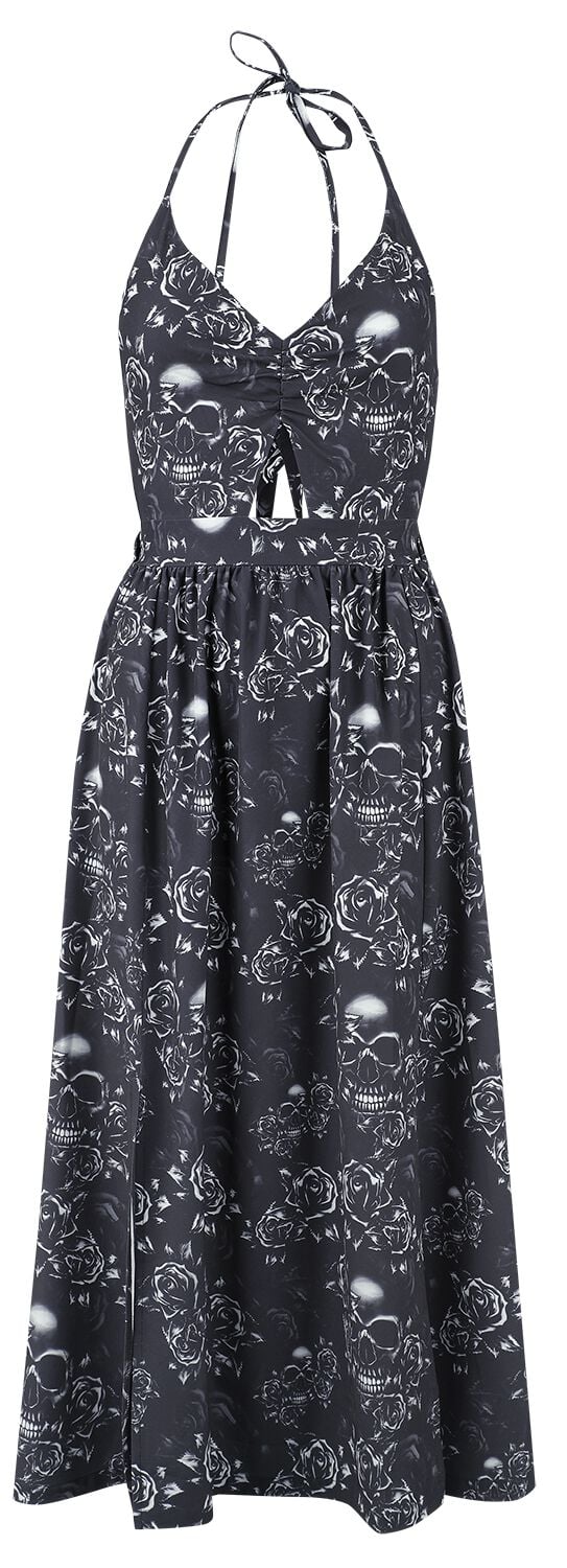 4068143076340 - Double Slit Dress with Roses and Skulls Langes Kleid schwarz in S