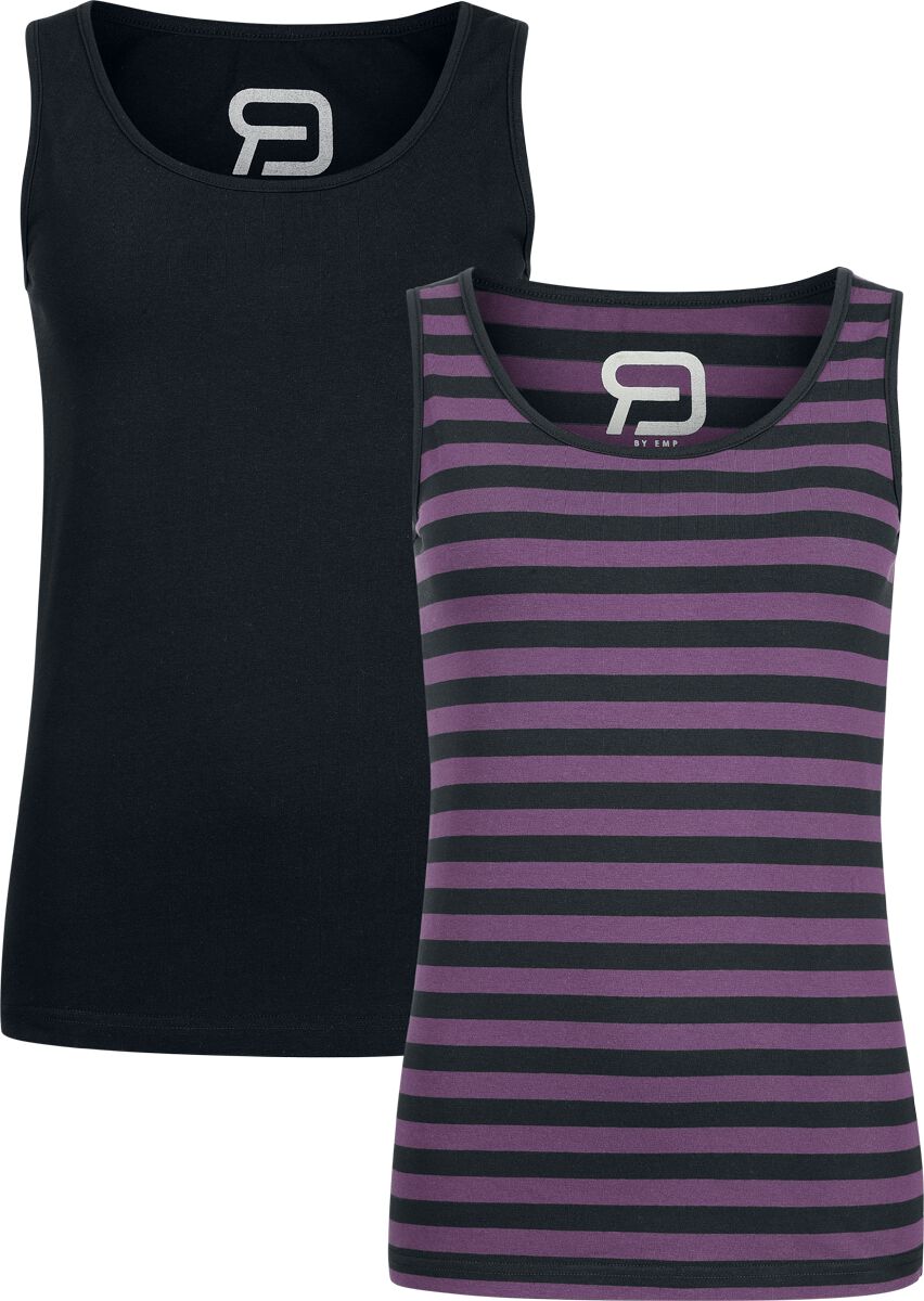 4068143255875 - Doppelpack Tops - 1x schwarz 1x lila-schwarz gestreift Top schwarz lila in S