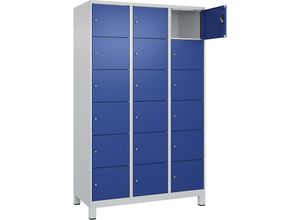 4068192017431 - 6er-Schließfachschrank Evolo PLUS 3 Abteile lichtgrau   enzianblau B 1200 mm 18 Fächer mit breiten Füßen Zylinderschloss