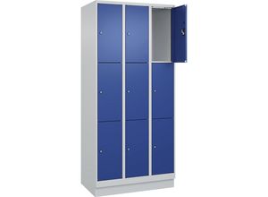 4068192025269 - 3er-Schließfachschrank Evolo PLUS 3 Abteile lichtgrau   enzianblau B 900 mm 9 Fächer mit Bodensockel Zylinderschloss