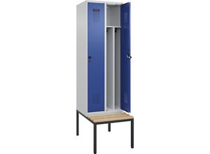 4068192156079 - Schwarz-Weiß-Spind Evolo PLUS Sitzbank schmal 2 Abteile Trennwand verkürzt lichtgrau   enzianblau B 600 mm Sicherheits-Drehriegel mit untergebauter Sitzbank Buche kaiserkraft