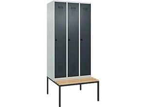 4068192195559 - Kleiderspind Evolo Plus 3 Abteile 300 mm Abteilbreite mit untergebauter Sitzbank B 900 x T 815 x H 2120 mm Drehriegel lichtgrau anthrazitgrau