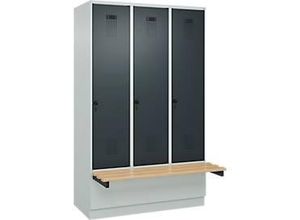 4068192195740 - Kleiderspind Evolo Plus 3 Abteile à 400 mm Breite Sockel schwebende Sitzbank B 1200 x T 815 x H 1950 mm Drehriegel lichtgrau anthrazitgrau