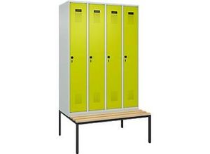 4068192199229 - Kleiderspind Evolo Plus 4 Abteile 300 mm Abteilbreite mit untergebauter Sitzbank B 1200 x T 815 x H 2120 mm Drehriegel lichtgrau clowngrün