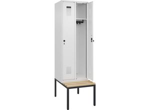 4068192217718 - Kleiderspind Evolo Plus 2 Abteile mit je 300 mm Breite Unterbau-Sitzbank B 600 x T 815 x H 2120 mm Drehriegel verkehrsweiß verkehrsweiß