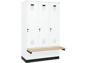 4068192217930 - Kleiderspind Evolo Plus 3 Abteile à 400 mm Breite Sockel schwebende Sitzbank B 1200 x T 815 x H 1950 mm Drehriegel verkehrsweiß verkehrsweiß