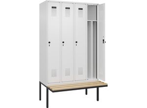 4068192218524 - Schwarz-Weiß-Spind Evolo PLUS Sitzbank schmal 4 Abteile Trennwand verkürzt weiß B 1200 mm Sicherheits-Drehriegel mit auskragender Sitzbank Buche kaiserkraft