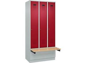 4068192258827 - Kleiderspind Evolo Plus 3 Abteile à 300 mm Breite Sockel schwebende Sitzbank B 900 x T 815 x H 1950 mm Zylinder lichtgrau rubinrot
