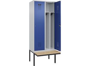 4068192261858 - Schwarz-Weiß-Spind Evolo PLUS Sitzbank schmal 2 Abteile Trennwand verkürzt lichtgrau   enzianblau B 800 mm Zylinderschloss mit auskragender Sitzbank Buche kaiserkraft