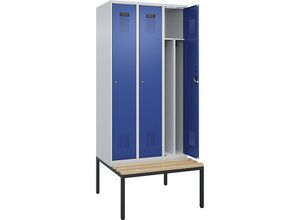 4068192261896 - Schwarz-Weiß-Spind Evolo PLUS Sitzbank schmal 3 Abteile Trennwand verkürzt lichtgrau   enzianblau B 900 mm Zylinderschloss mit untergebauter Sitzbank Buche kaiserkraft