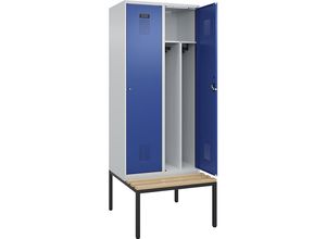 4068192261926 - Schwarz-Weiß-Spind Evolo PLUS Sitzbank schmal 2 Abteile Trennwand verkürzt lichtgrau   enzianblau B 800 mm Zylinderschloss mit untergebauter Sitzbank Buche kaiserkraft