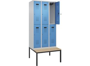 4068192262428 - Doppelstock-Spind Evolo PLUS Sitzbank 3 Abteile lichtgrau   lichtblau B 900 mm Zylinderschloss mit untergebauter Sitzbank Buche kaiserkraft