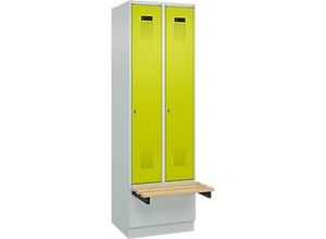 4068192284703 - Kleiderspind Evolo Plus 2 Abteile à 300 mm Breite Sockel schwebende Sitzbank B 600 x T 815 x H 1950 mm Zylinder lichtgrau clowngrün