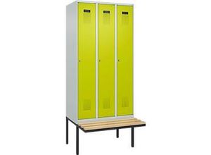 4068192285090 - Kleiderspind Evolo Plus 3 Abteile à 300 mm Breite schwebende Sitzbank B 900 x T 815 x H 2120 mm Zylinder lichtgrau clowngrün