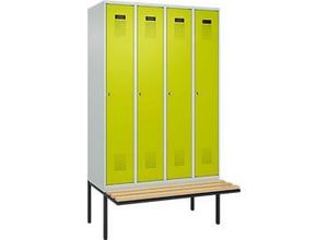 4068192285106 - Kleiderspind Evolo Plus 4 Abteile à 300 mm Breite schwebende Sitzbank B 1200 x T 815 x H 2120 mm Zylinder lichtgrau clowngrün