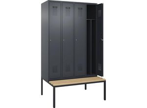4068192286707 - Schwarz-Weiß-Spind Evolo PLUS Sitzbank schmal 4 Abteile Trennwand verkürzt grau B 1200 mm Zylinderschloss mit untergebauter Sitzbank Buche kaiserkraft