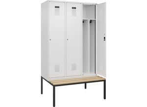 4068192302810 - Schwarz-Weiß-Spind Evolo PLUS Sitzbank schmal 3 Abteile Trennwand verkürzt weiß B 1200 mm Zylinderschloss mit untergebauter Sitzbank Buche kaiserkraft