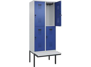 4068192357490 - Doppelstock-Spind Evolo PLUS Sitzbank 2 Abteile lichtgrau   enzianblau B 800 mm Sicherheits-Drehriegel mit auskragender Sitzbank Kunststoff