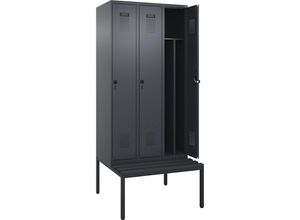 4068192368960 - Schwarz-Weiß-Spind Evolo PLUS Sitzbank schmal 3 Abteile Trennwand verkürzt grau B 900 mm Sicherheits-Drehriegel mit untergebauter Sitzbank Kunststoff kaiserkraft