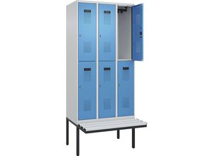 4068192389484 - Doppelstock-Spind Evolo PLUS Sitzbank 3 Abteile lichtgrau   lichtblau B 900 mm Zylinderschloss mit auskragender Sitzbank Kunststoff
