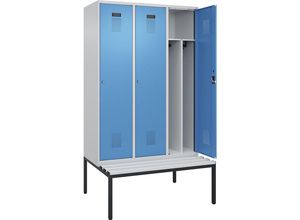 4068192389842 - Schwarz-Weiß-Spind Evolo PLUS Sitzbank schmal 3 Abteile Trennwand verkürzt lichtgrau   lichtblau B 1200 mm Zylinderschloss mit untergebauter Sitzbank Kunststoff kaiserkraft