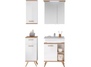 4068222263807 - Badmöbel-Set SAPHIR Quickset 4-teilig Waschbeckenunterschrank mit LED-Spiegelschrank Kastenmöbel-Sets Gr B T 960 cm x 330 cm Spiegelschrank mit 2 Spiegeltüren-Spiegelschrank mit LED-Beleuchtung weiß (front glanz front riviera eiche quer nb) Bad-Sparsets