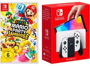 4068222957768 - NINTENDO SWITCH Konsolen-Set OLED weiß + Mario Party Jamboree Spielekonsolen weiß