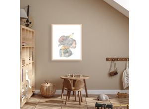 4068223534593 - Bild mit Rahmen LÜTTENHÜTT Elefant mit Geschenk und Partyhut bunt (beige) B40cm H50cm T07cm Holz Plexiglas Bilder Premium Rahmenbild Motive in wunderschönen Pastelltönen