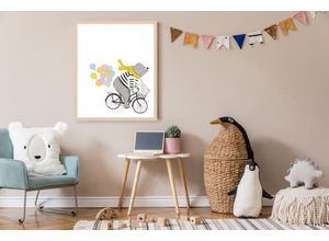 4068223534869 - Bild mit Rahmen LÜTTENHÜTT Bär mit Hase auf Fahrrad bunt (beige) B50cm H70cm T07cm Holz Plexiglas Bilder Premium Rahmenbild Motive in wunderschönen Pastelltönen