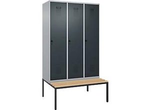 4068427630381 - Kleiderspind Evolo Plus 3 Abteile 400 mm Abteilbreite mit untergebauter Sitzbank B 1200 x T 815 x H 2120 mm Drehriegel weißaluminium anthrazitgrau